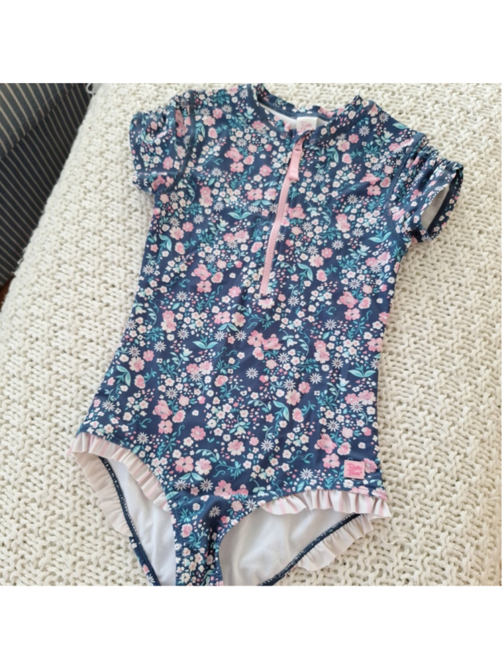 Ruffle Butts Short Sleeve 1/4 Zip One Piece Floral Swimsuit Girls Size 12 Modest